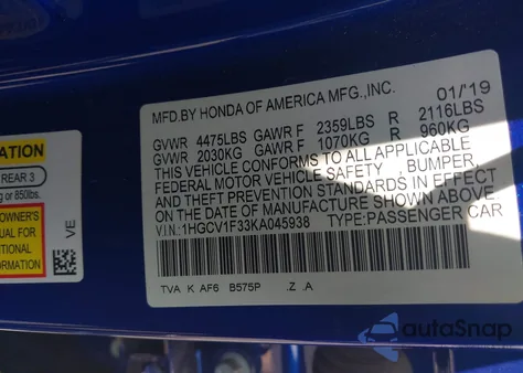 2019 Honda Accord Sport из США, поврежденный, VIN 1HGCV1F33KA045938